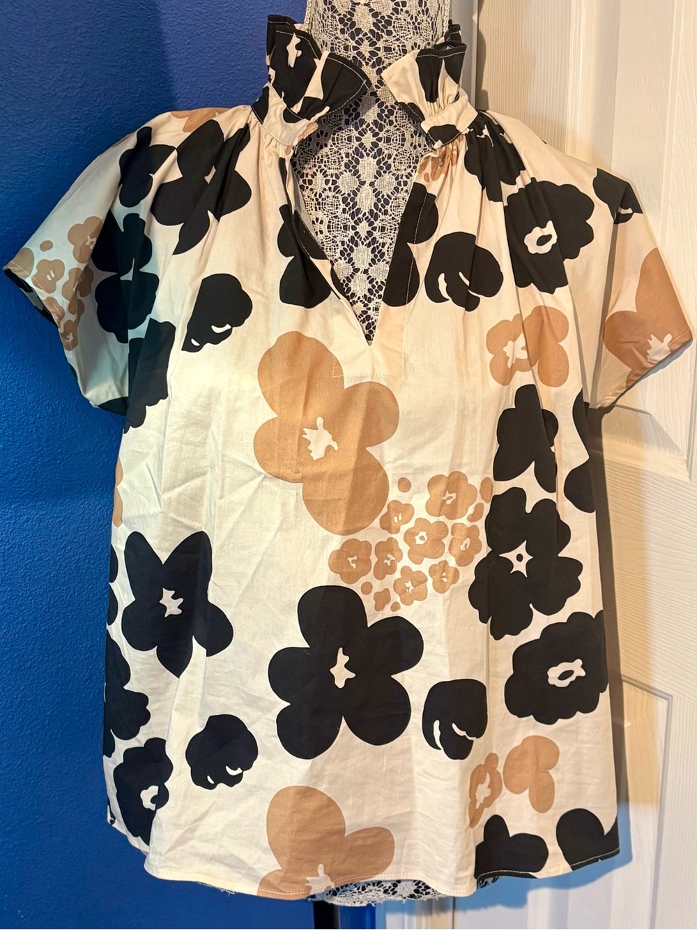 Wallflower Cream Floral Ruffle-Neck Blouse with Black and Tan Accents